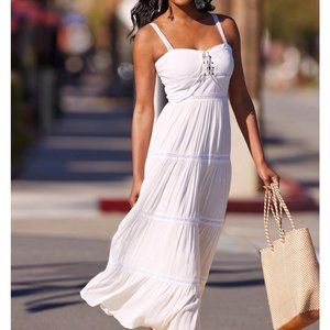 Lace-up Sleeveless Tiered Midi Dress White
